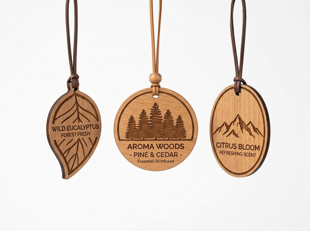 Showcasing laser-engraved wooden air fresheners
